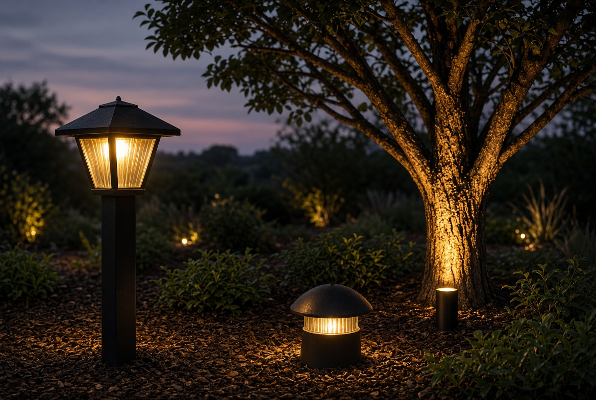 Landscape lighting on trees and a walkway